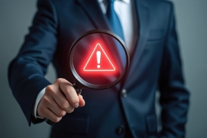 Businessman Inspecting Warning Sign with Magnifying Glass Representing Security Issues