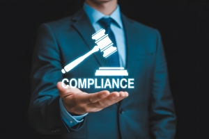 Professional Holding Glowing Gavel and Compliance Text