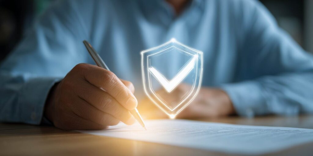 Businessman Checking Insurance Compliance Documents Near Digital Shield with Checkmark