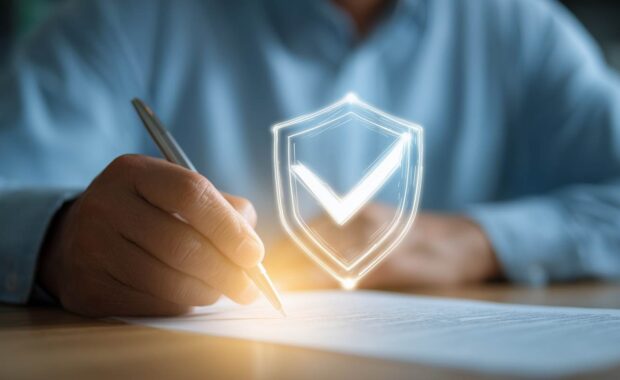 Businessman Checking Insurance Compliance Documents Near Digital Shield with Checkmark