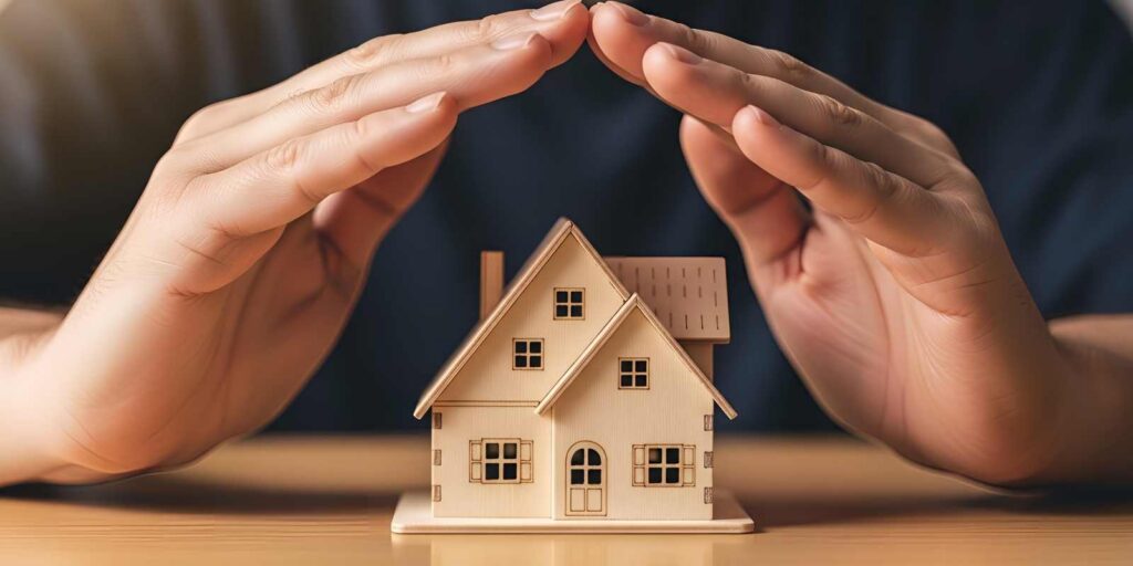 Hands Covering a Miniature Building Showing Property Insurance Concept