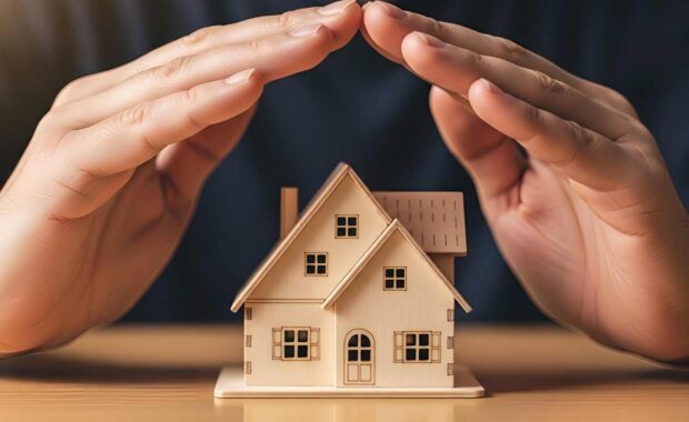 Hands Covering a Miniature Building Showing Property Insurance Concept