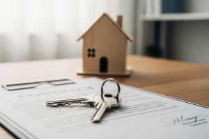 Keys Resting on a Signed Property Leasing Contract Next to a Miniature Wooden Building