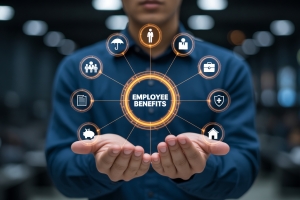 Businessman Displaying a Glowing Holographic Diagram of Comprehensive Employee Benefits Components with Icons