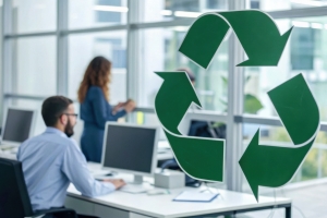 Modern Office with Recycling Symbol Highlighting Sustainability Efforts Among Employees