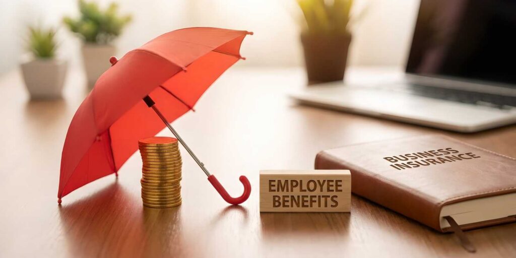 Wooden Block with Employee Benefits Text Near an Umbrella Over Coin Stack and Business Insurance Notebook
