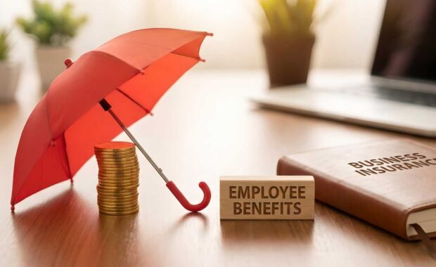 Wooden Block with Employee Benefits Text Near an Umbrella Over Coin Stack and Business Insurance Notebook