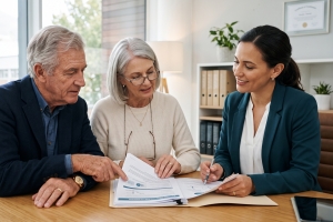 Couple Discussing Homeowners Insurance Policy with Broker