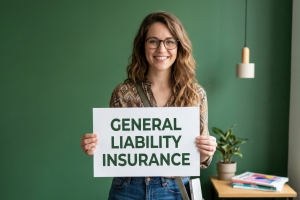 Girl Holding Board with General Liability Insurance Text