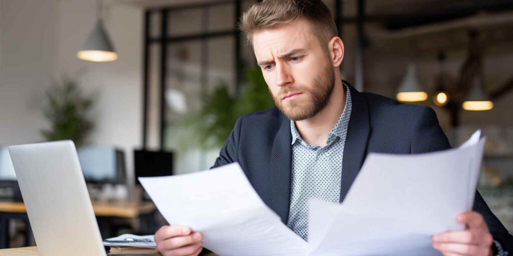 Worried Businessman Checking Mistakes in Insurance Documents