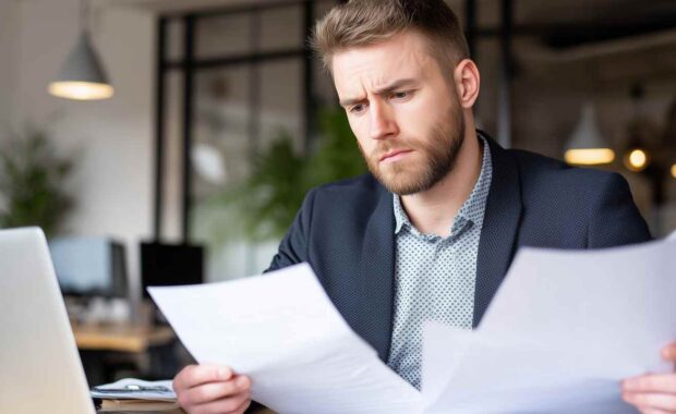 Worried Businessman Checking Mistakes in Insurance Documents