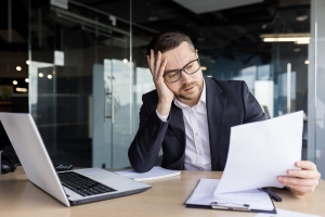 Worried Businessman Reading Mistakes in Insurance Documents