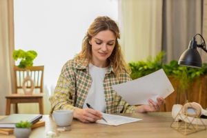 Young Woman Comparing Homeowners Insurance Carrier Documents at Home